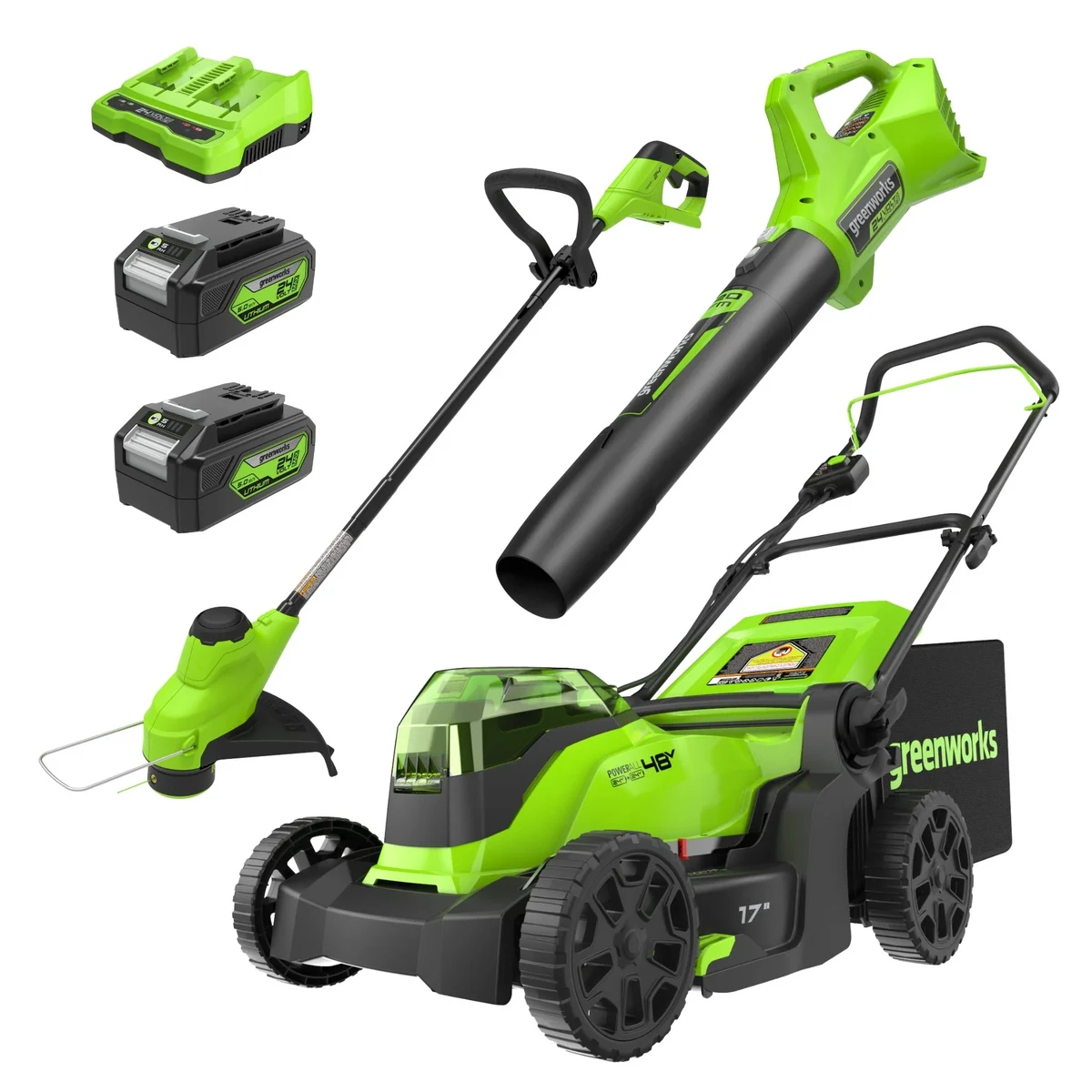 Greenworks 48V mower, trimmer and blower kit