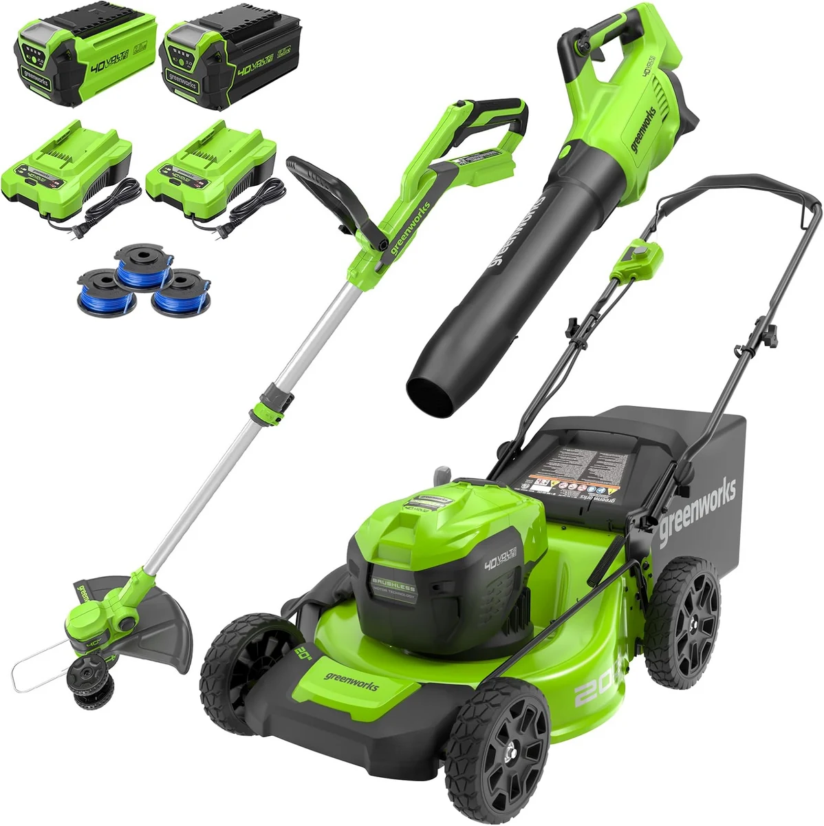 Greenworks 40V mower, blower and trimmer kit