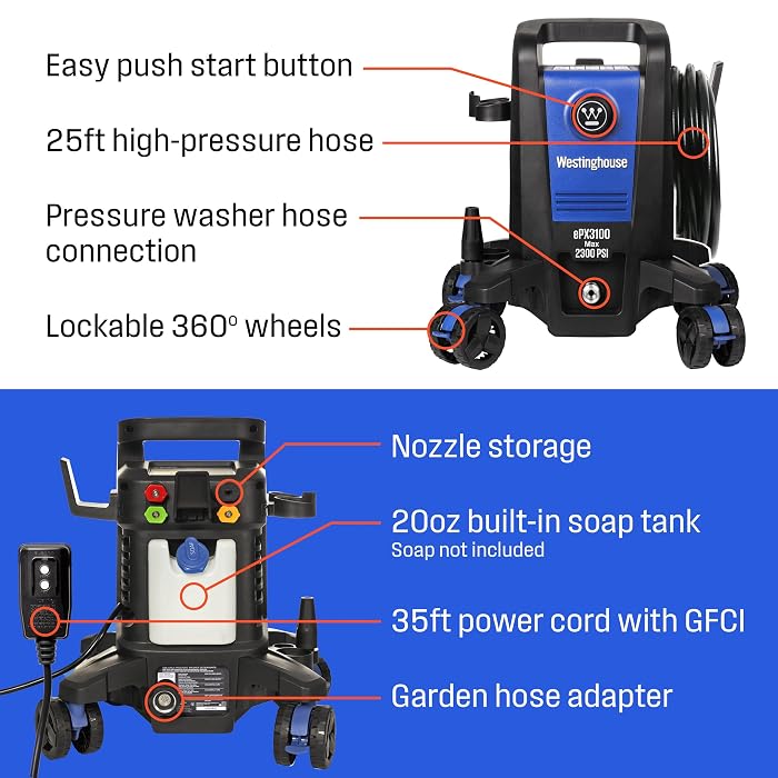 Westinghouse ePX3100 electric pressure washer feature diagram