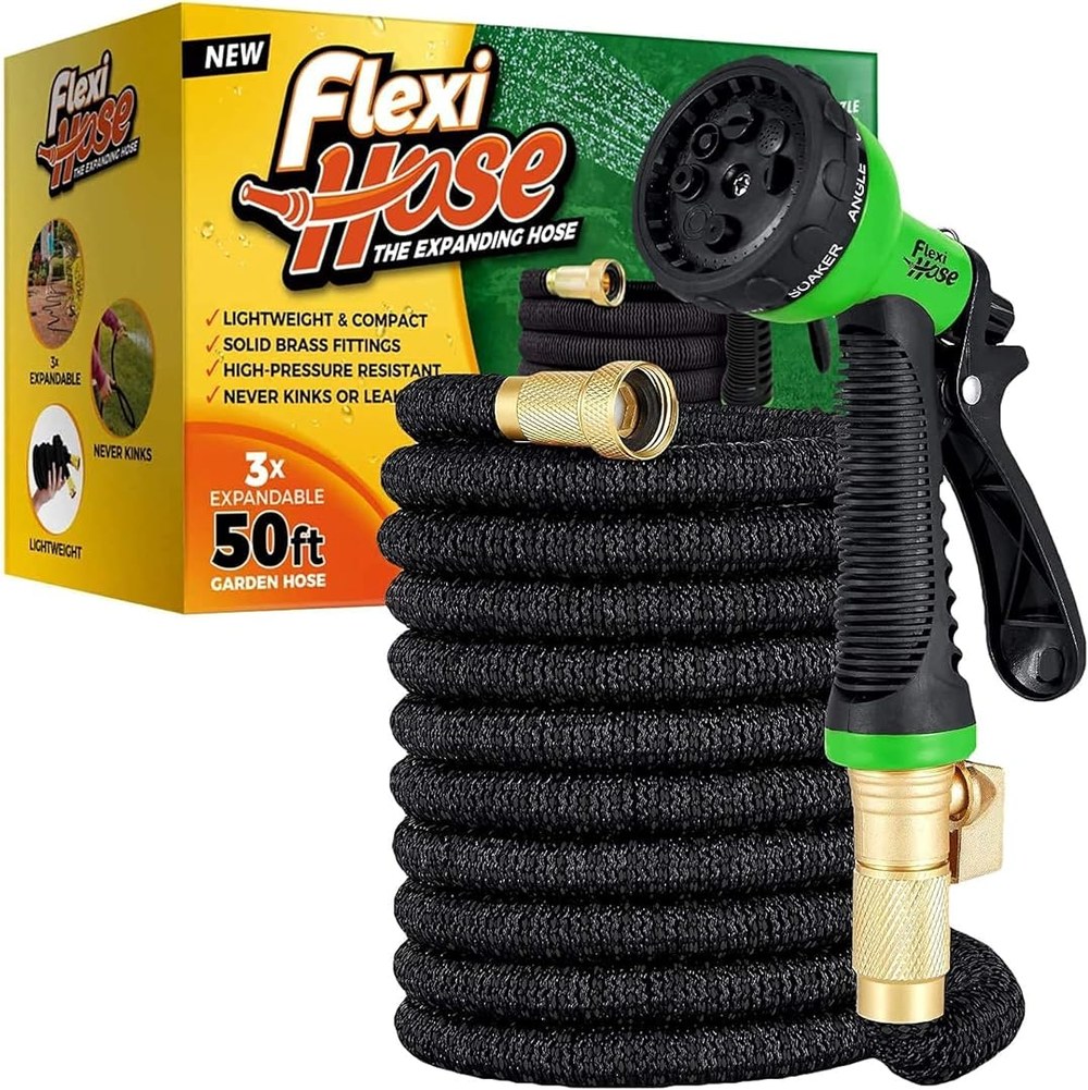 Flexi Hose expandable garden hose with 8-function spray nozzle, 50 feet