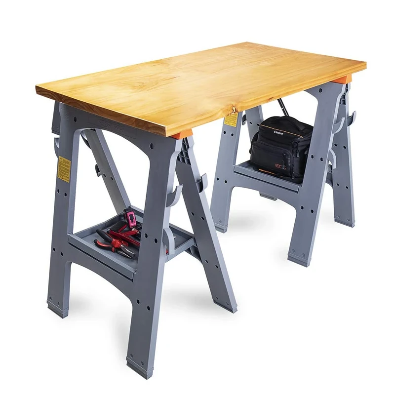 Amazon Basics folding sawhorse pair supporting a board