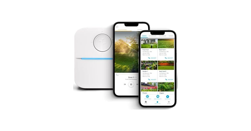 Rachio 3 16-zone smart sprinkler controller with app screens