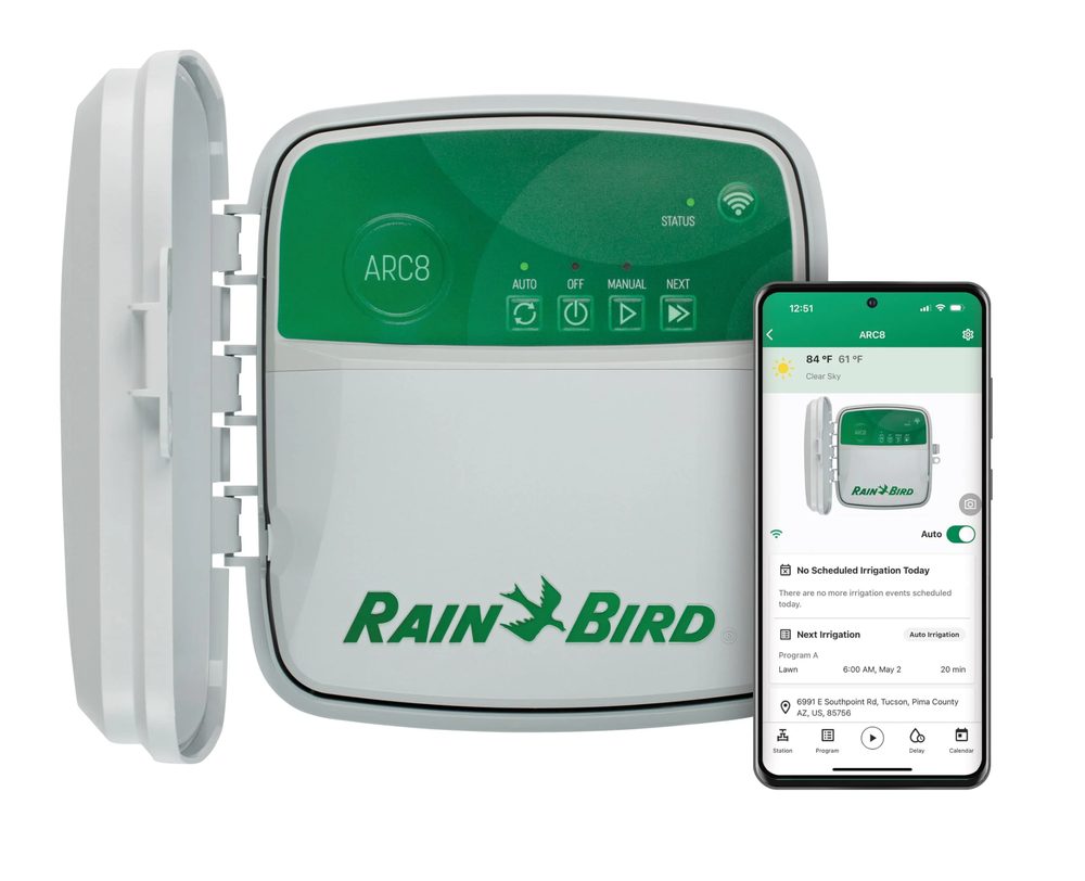Rain Bird ARC8 8-zone smart irrigation controller with app screen