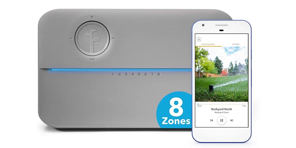 Rachio 3e 8-zone smart sprinkler controller with app screen